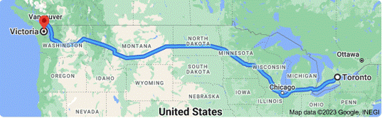 Toronto-Victoria: The shortest distance by Road, 4,450 km