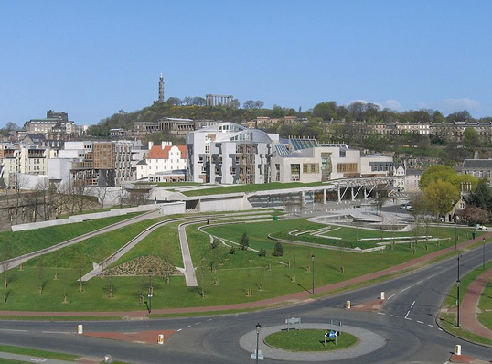 The new Scottish Parliament Building at Holyrood, Scotland designed by the Catalan architect Enric Miralles and opened in October 2004